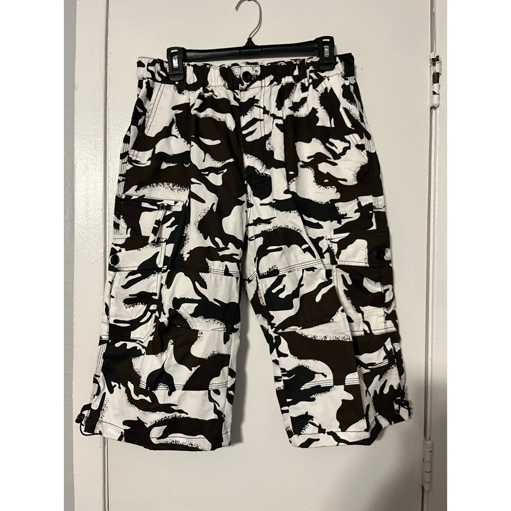 Mylldey Mens Black White Camo Cargo Shorts Size L Streetwear Gorpcore Cotton